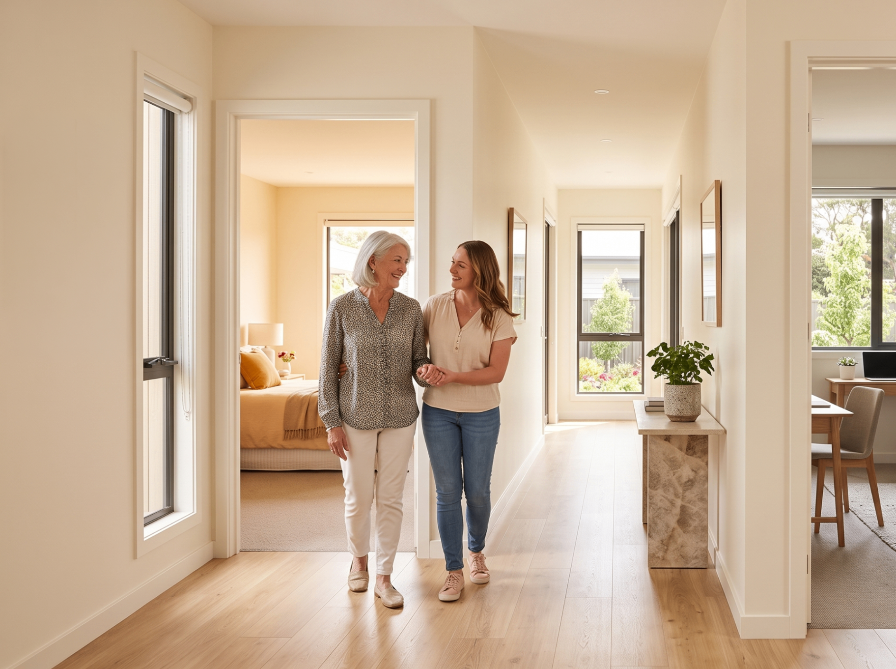 An older woman and her daughter walking arm in arm through a bright, light-filled home